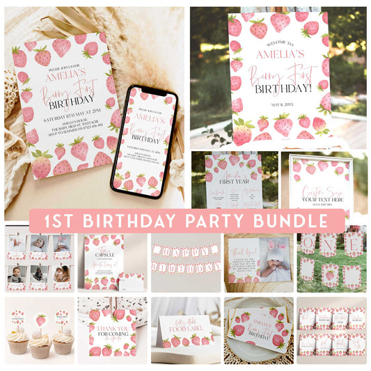 Berry first birthday party bundle including invitations, welcome signs, my first year, bunting, table signs, food labels, tags and more