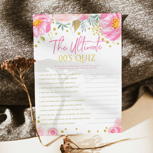 ultimate 00s quiz game,  printable bridal shower games, blush floral bridal shower games, fun bridal shower games