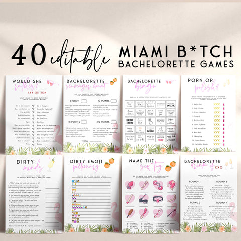 fully editable Miami themed bachelorette party bundle including 40 editable games, invitations, mobile invitations, signs, thank you tags and more