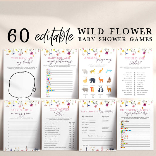 60 editable baby shower games, printable baby shower games, floral baby shower games, wild flowers baby shower games