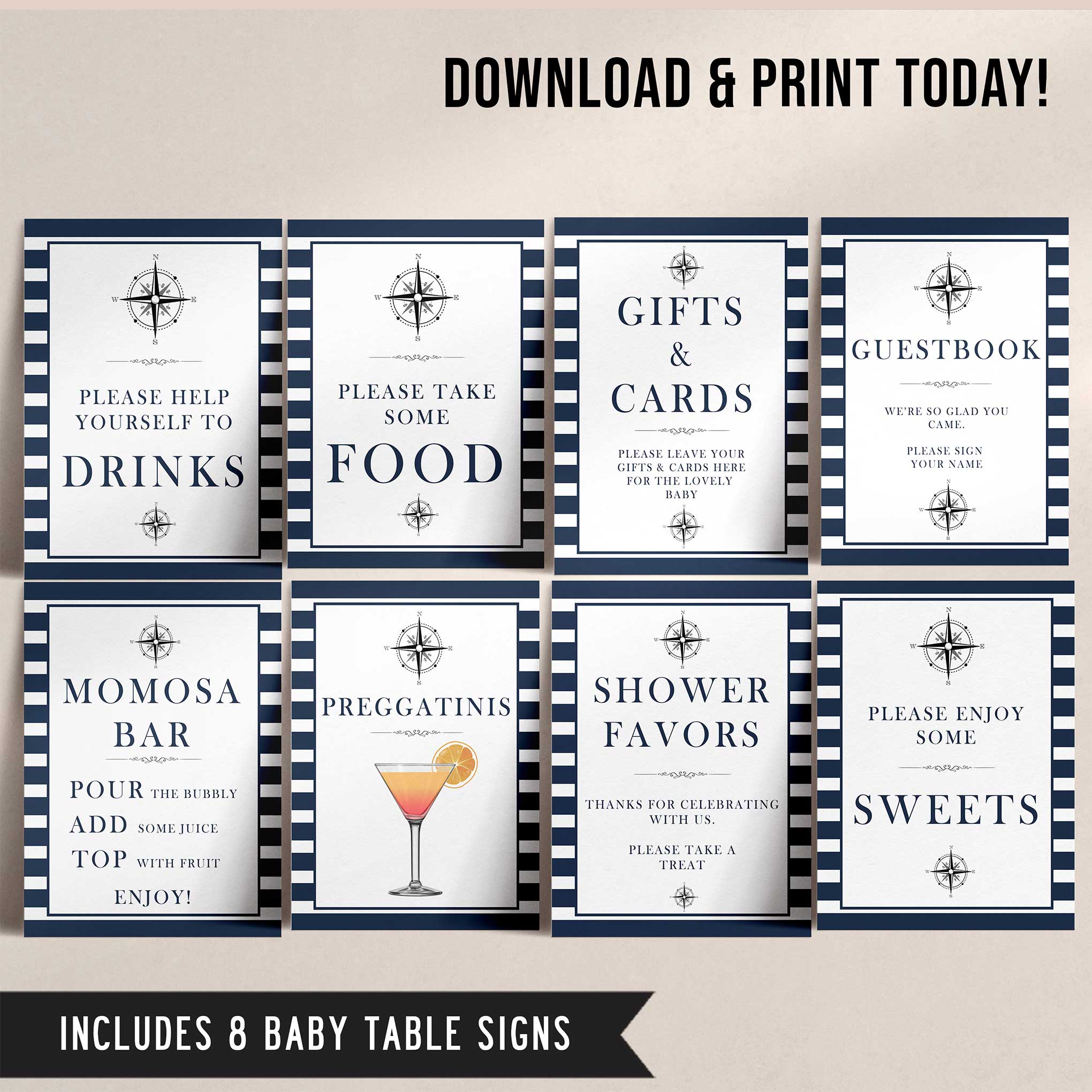 8 Baby Shower Table Signs - Nautical Printable Baby Shower Signs