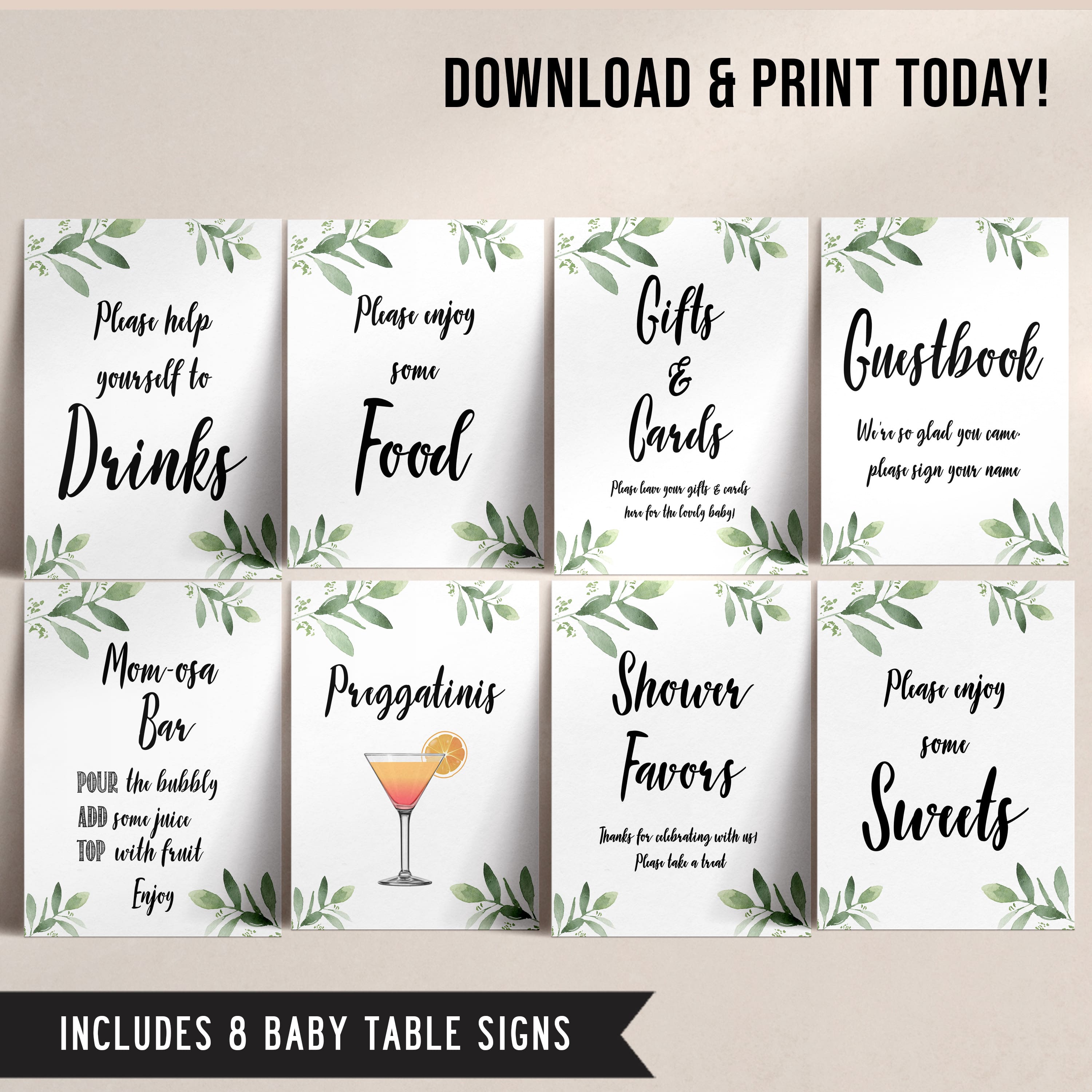 8 Baby Shower Table Signs - Green Leaf Printable Baby Signs –  OhHappyPrintables