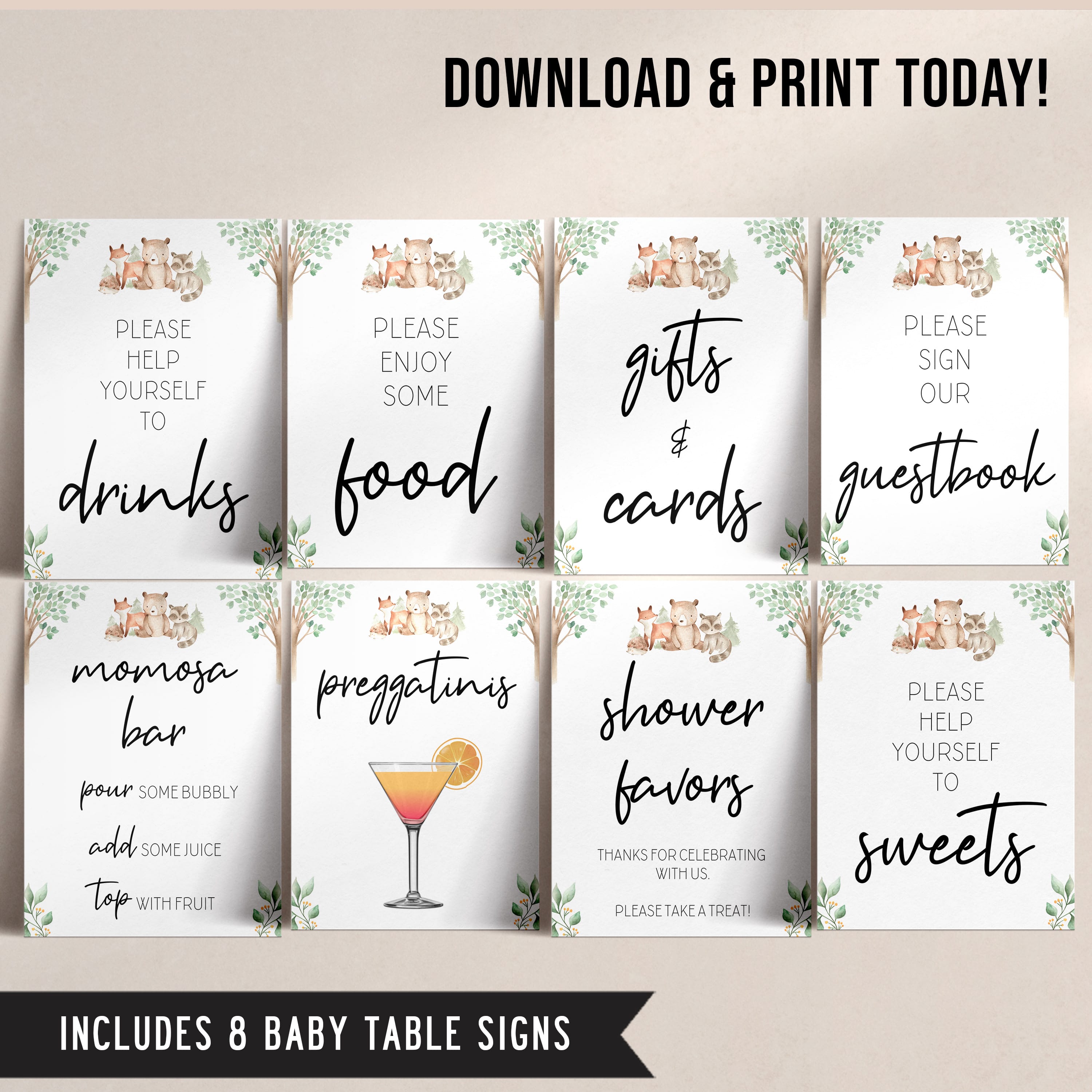 8 Baby Shower Table Signs - Woodland Printable Baby Shower Signs –  OhHappyPrintables
