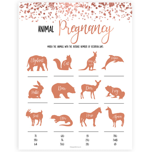 Rose Gold Animal Gestation Game, Animal Pregnancy Game, Guess the Pregnancy Time, Baby Animal Game, Animal Pregnancy Game, Baby Shower Games, printable baby shower games, fun baby shower games, popular baby shower games