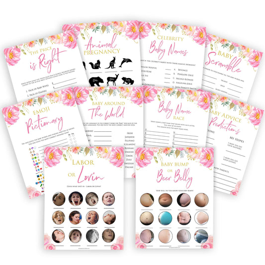 Pink blush floral baby shower game, 10 baby shower games, baby games bundle, printable baby games, baby shower games, blush baby shower, floral baby games, girl baby shower ideas, pink baby shower ideas, floral baby games, popular baby games, fun baby games