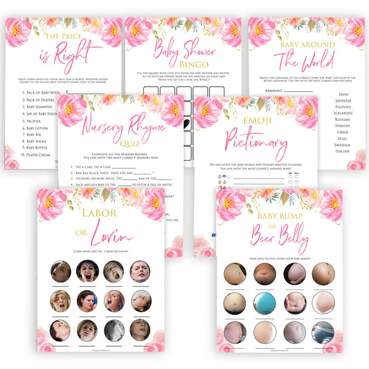 Pink blush floral baby shower games, 7 baby shower games, baby games bundle, printable baby games, baby shower games, blush baby shower, floral baby games, girl baby shower ideas, pink baby shower ideas, floral baby games, popular baby games, fun baby games