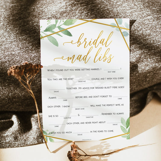 Bridal Mad Libs Game - Gold Greenery