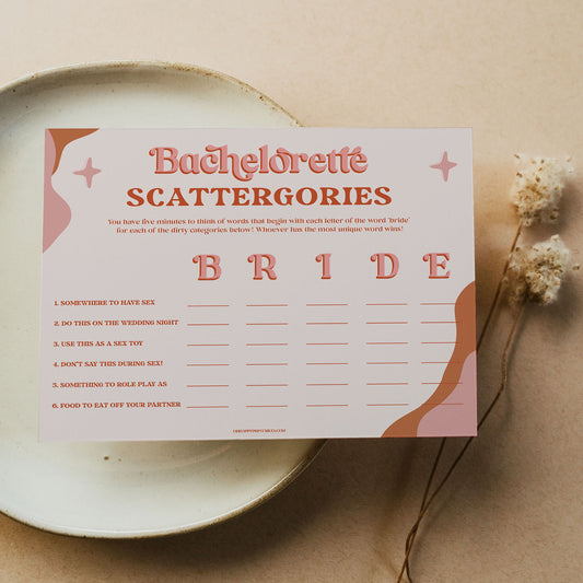 bachelorette scattergories game, 70s retro bridal shower, retro bridal shower games, modern 70s bridal collection, 70s bridal shower, printable bridal games