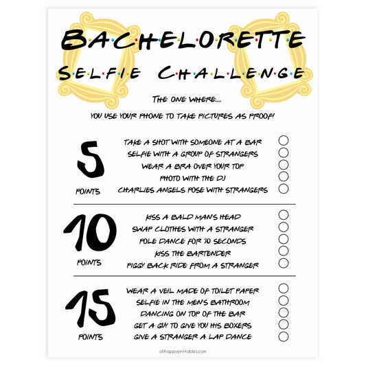 bachelorette selfie challenges, selfie challenge game, Printable bachelorette games, friends bachelorette, friends hen party games, fun hen party games, bachelorette game ideas, friends adult party games, naughty hen games, naughty bachelorette games