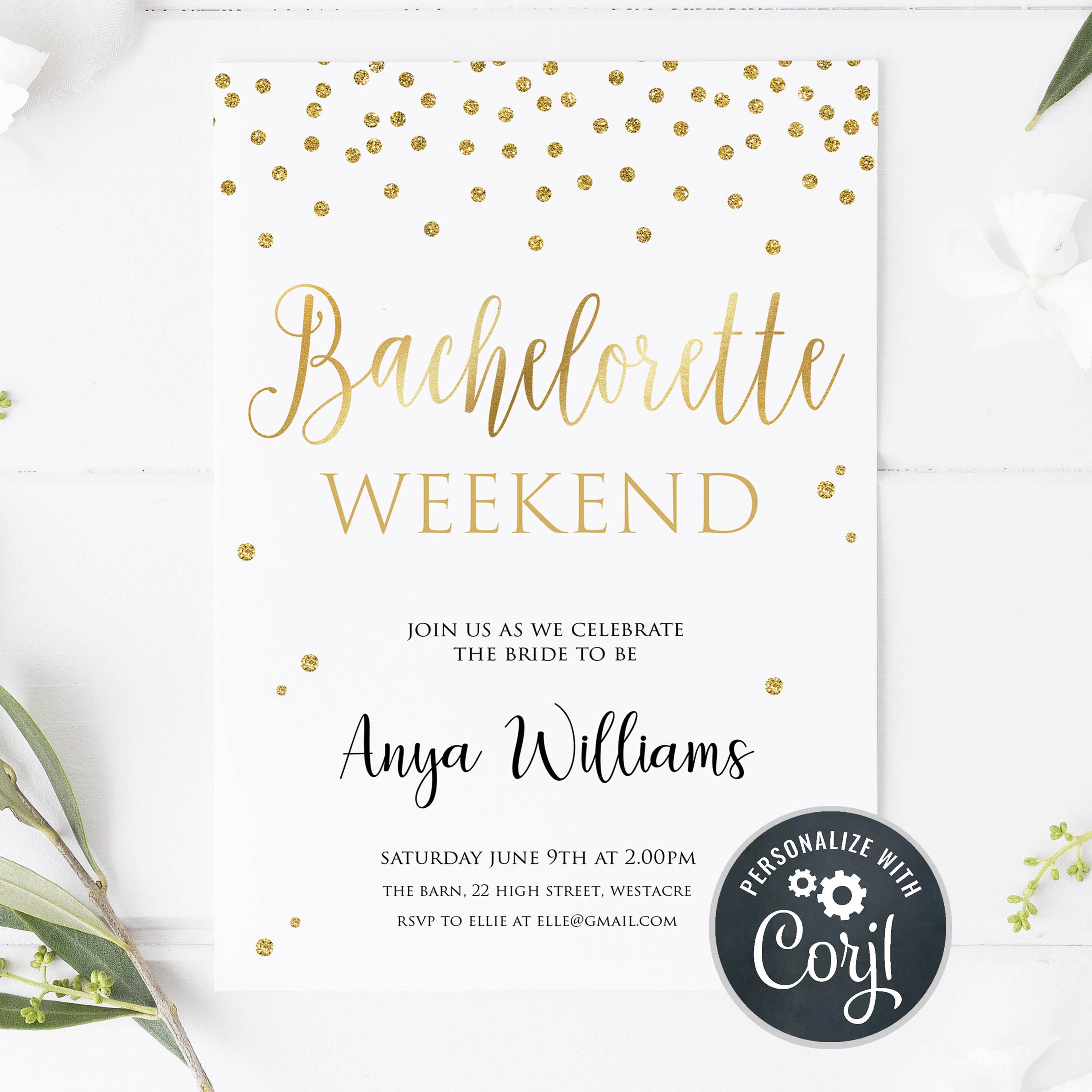 editable bachelorette party invite, printable bachelorette party invite, gold bachelorette party, bachelorette party ideas