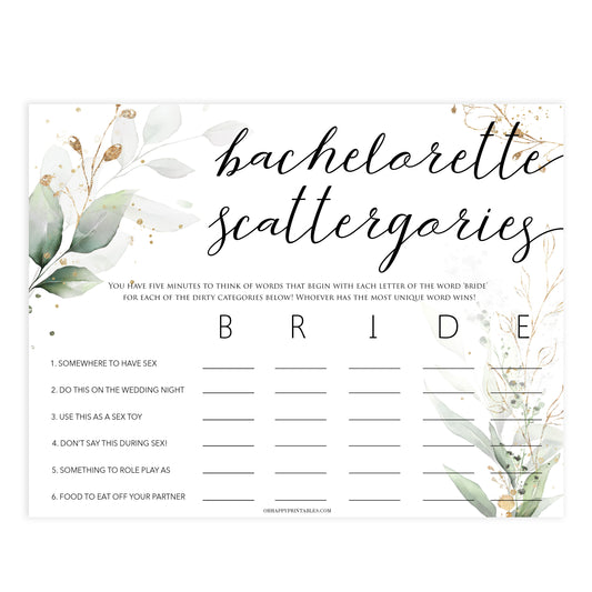 bachelorette scattergories game, Printable bachelorette games, greenery bachelorette, gold leaf hen party games, fun hen party games, bachelorette game ideas, greenery adult party games, naughty hen games, naughty bachelorette games