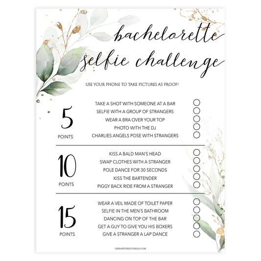 bachelorette selfie challenge, Printable bachelorette games, greenery bachelorette, gold leaf hen party games, fun hen party games, bachelorette game ideas, greenery adult party games, naughty hen games, naughty bachelorette games