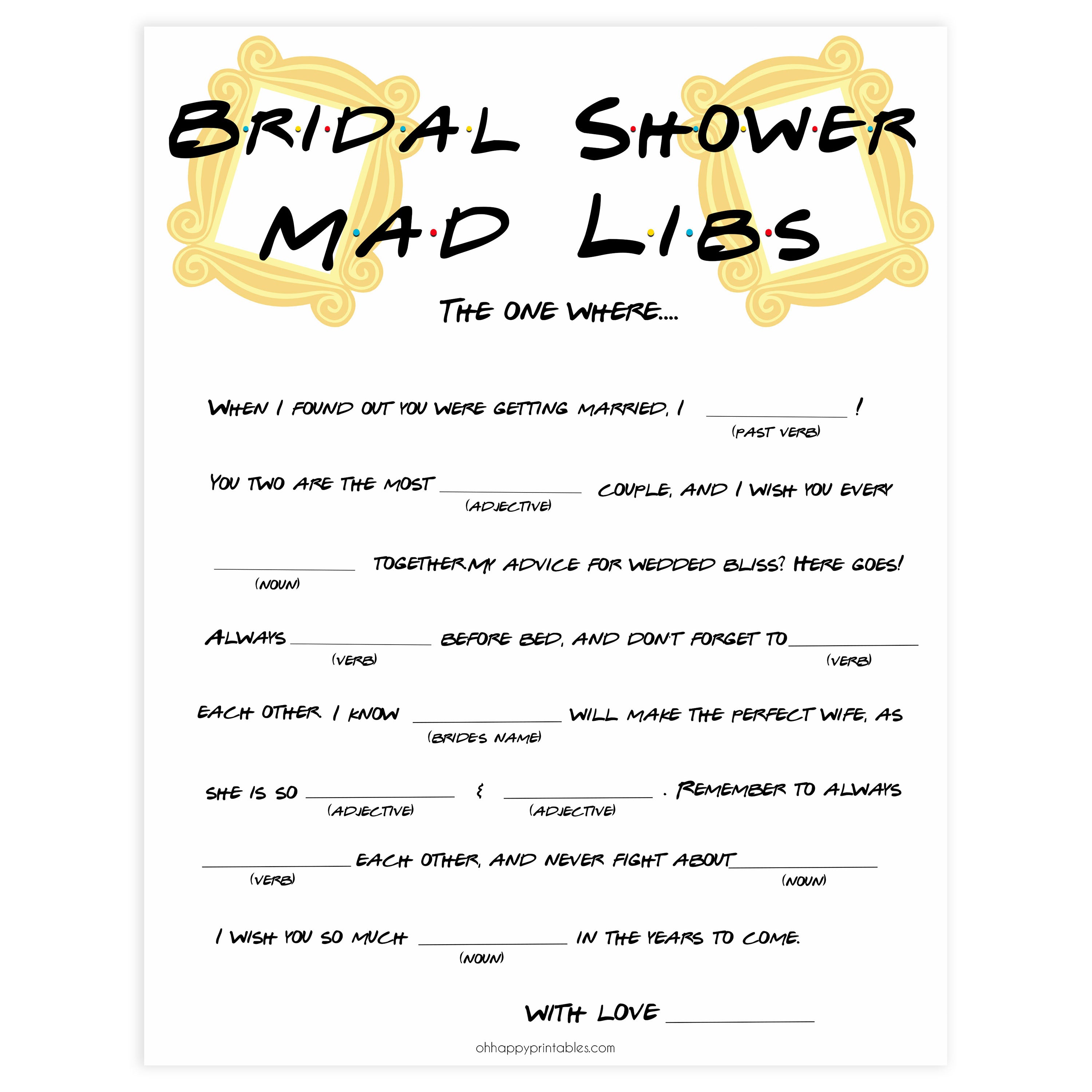 Bridal Mad Libs Game Printable Friends Bridal Shower Games