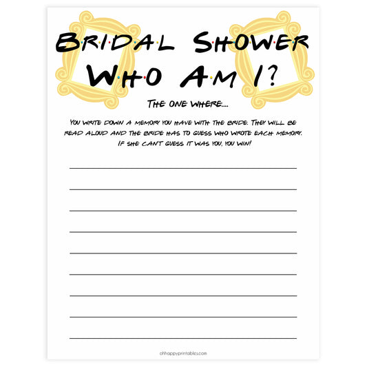 who am i bridal game, Printable bridal shower games, friends bridal shower, friends bridal shower games, fun bridal shower games, bridal shower game ideas, friends bridal shower