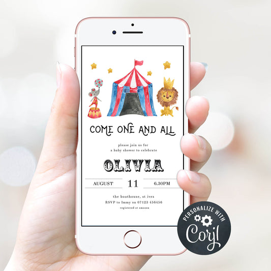 circus baby shower invitations, editable baby shower invitations, printable baby shower invitations, carnival baby shower invitations, fun baby shower invites