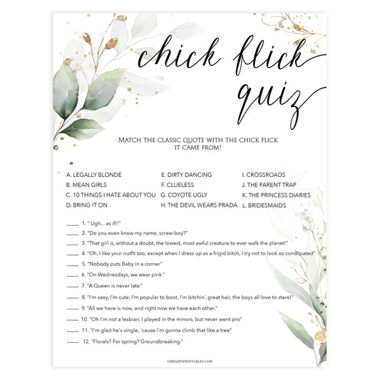 chick flick bridal game,  Printable bridal shower games, greenery bridal shower, gold leaf bridal shower games, fun bridal shower games, bridal shower game ideas, greenery bridal shower