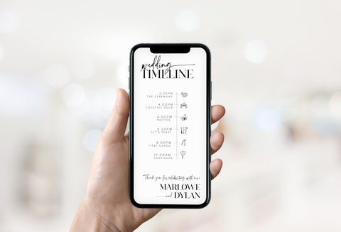 mobile wedding timeline, editable wedding timeline, wedding timeline, order of the day, mobile order of the day, modern wedding theme