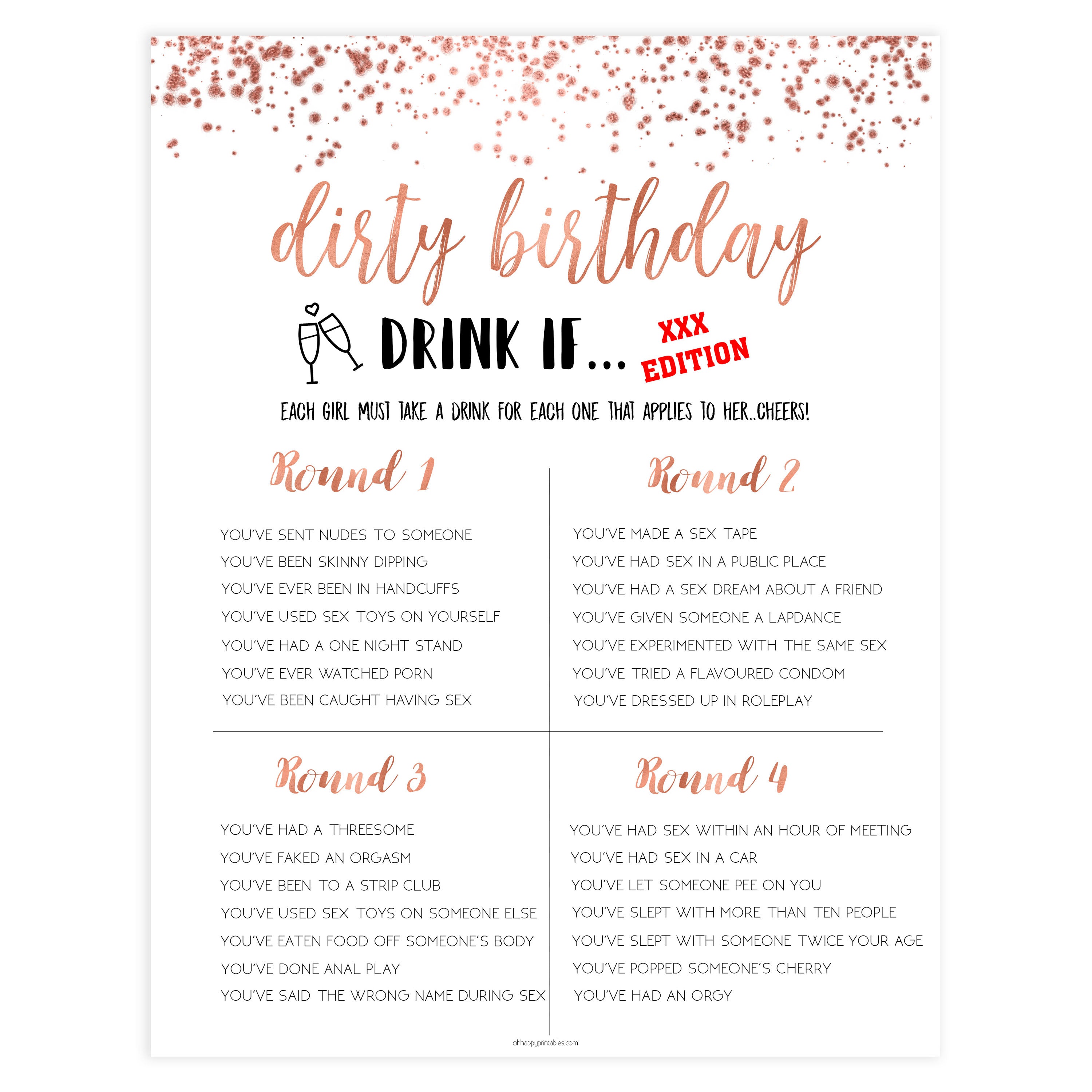 Dirty Drink If Game Printable Rose Gold Birthday Drink If Game