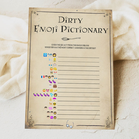 dirty emoji pictionary game, Printable bachelorette games, Harry Potter bachelorette, Harry Potter hen party games, fun hen party games, bachelorette game ideas, Harry Potter adult party games, naughty hen games, naughty bachelorette games