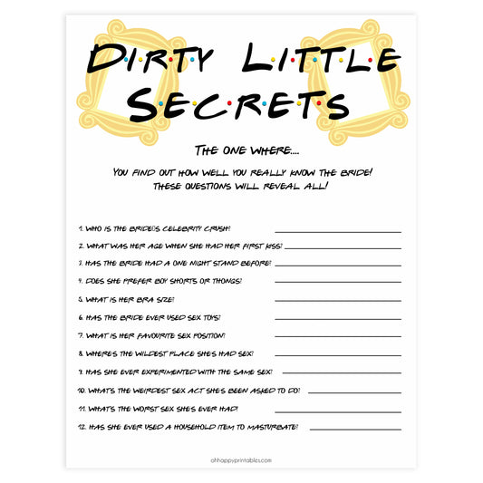 dirty little secrets, bridal dirty secrets game, Printable bachelorette games, friends bachelorette, friends hen party games, fun hen party games, bachelorette game ideas, friends adult party games, naughty hen games, naughty bachelorette games