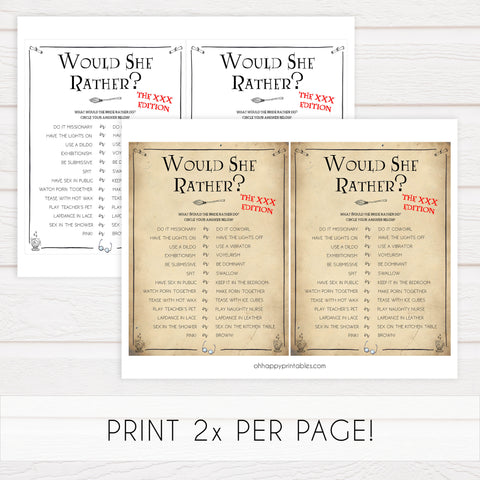 naughty would she rather, dirty would would rather game, Printable bachelorette games, Harry Potter bachelorette, Harry Potter hen party games, fun hen party games, bachelorette game ideas, Harry Potter adult party games, naughty hen games, naughty bachelorette games