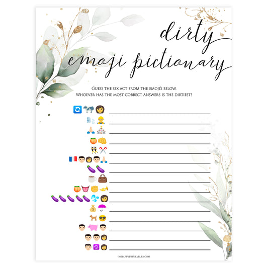 dirty emoji pictionary game, Printable bachelorette games, greenery bachelorette, gold leaf hen party games, fun hen party games, bachelorette game ideas, greenery adult party games, naughty hen games, naughty bachelorette games