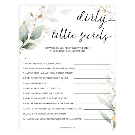 dirty little secrets bridal shower game, Printable bachelorette games, greenery bachelorette, gold leaf hen party games, fun hen party games, bachelorette game ideas, greenery adult party games, naughty hen games, naughty bachelorette games