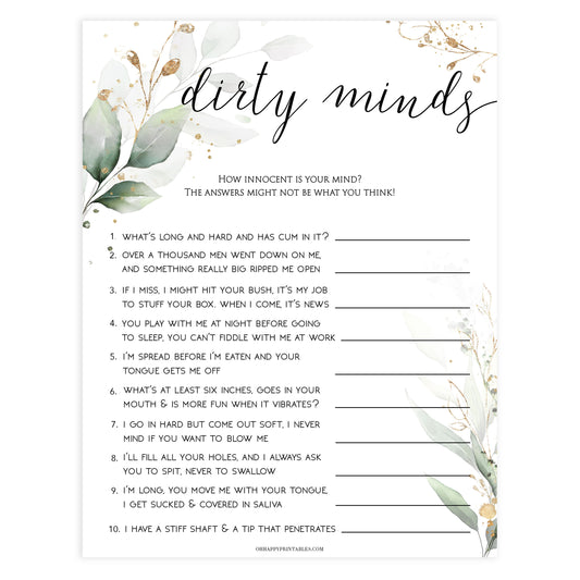 dirty minds bridal game, Printable bachelorette games, greenery bachelorette, gold leaf hen party games, fun hen party games, bachelorette game ideas, greenery adult party games, naughty hen games, naughty bachelorette games