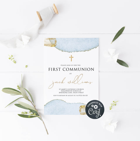 editable first communion invitation, communion invitation, blue gold first communion invitation, editable communion invitation