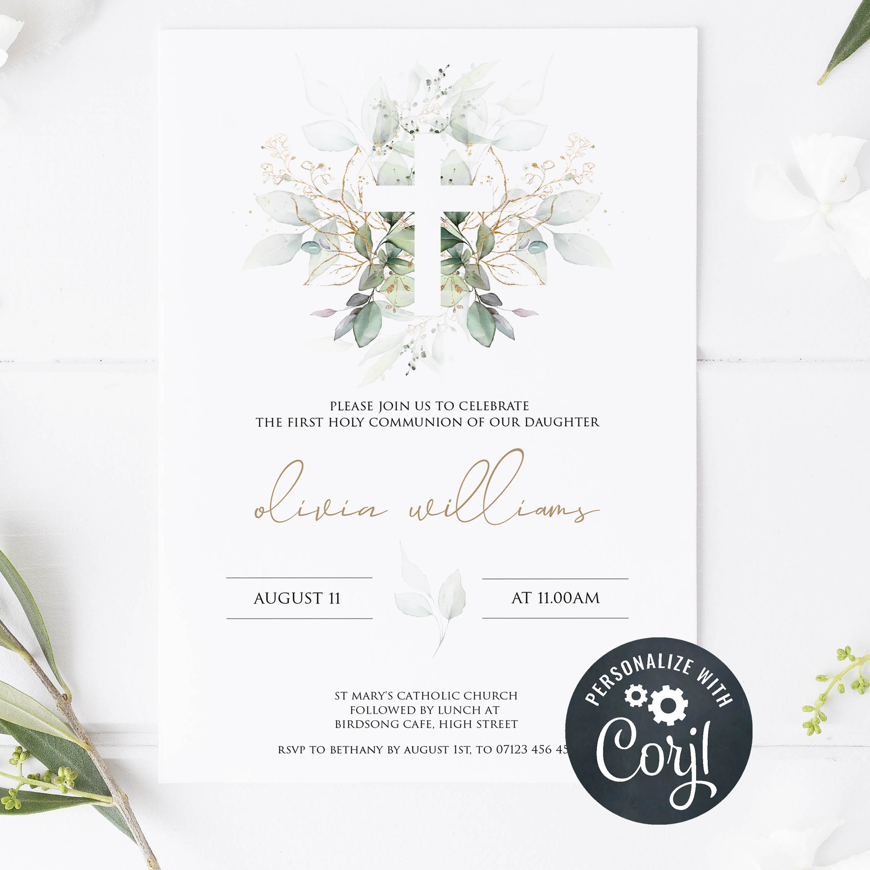 first communion editable invitation, editable invites, first communion invite, floral first communion invite