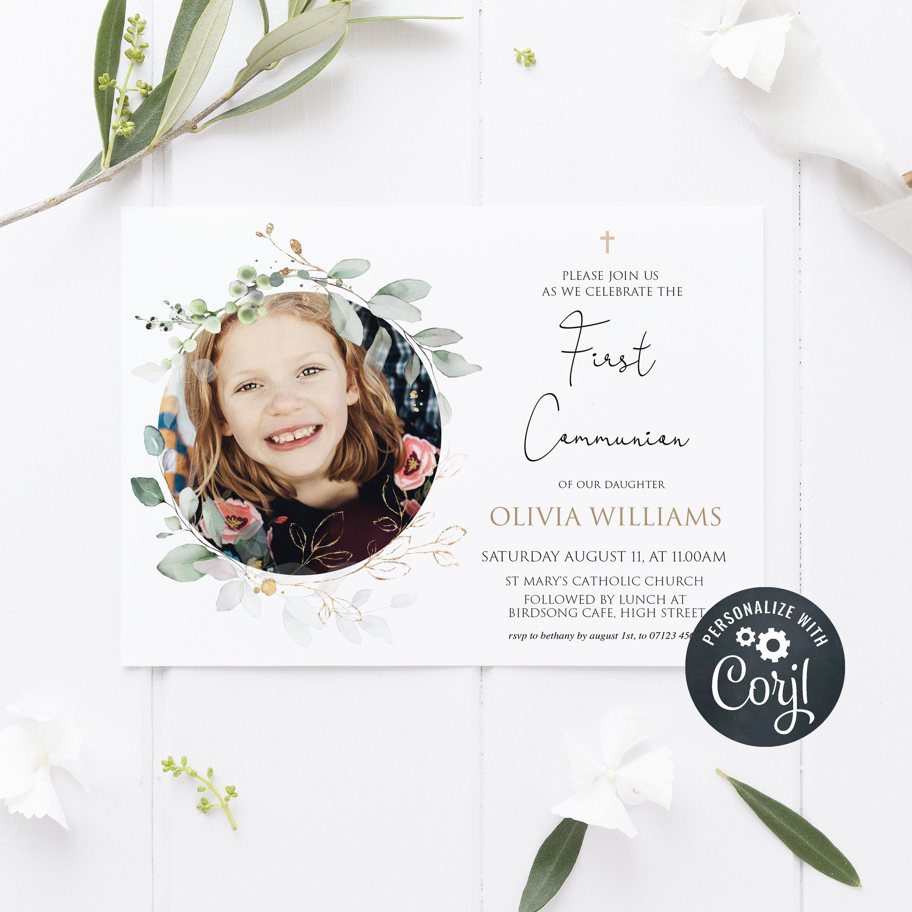 Free Printable First Holy Communion Invitations Greenery First Holy