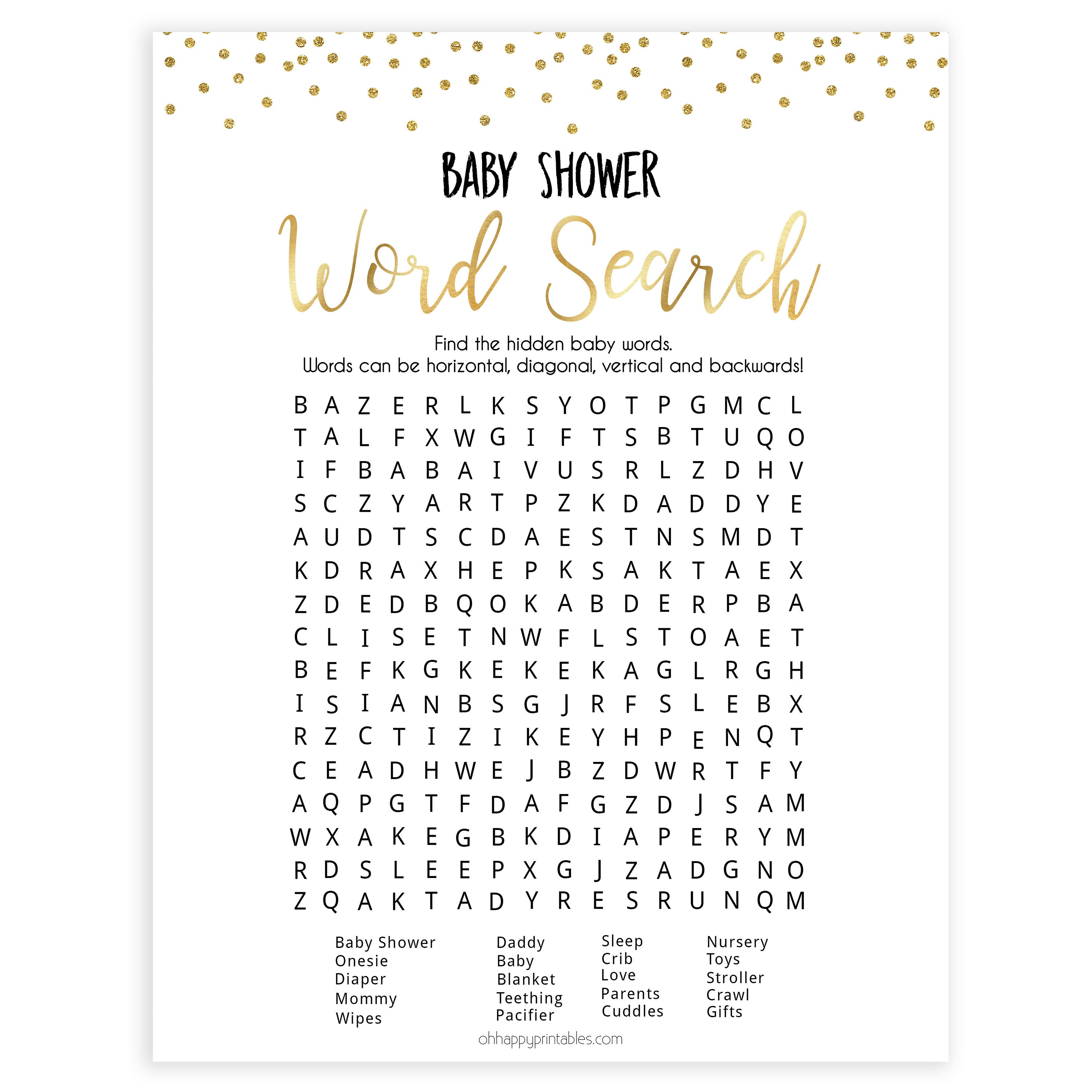 gold glitter baby games, word search baby games, fun baby games, printable baby games, popular baby games, top 10 baby games, word search game