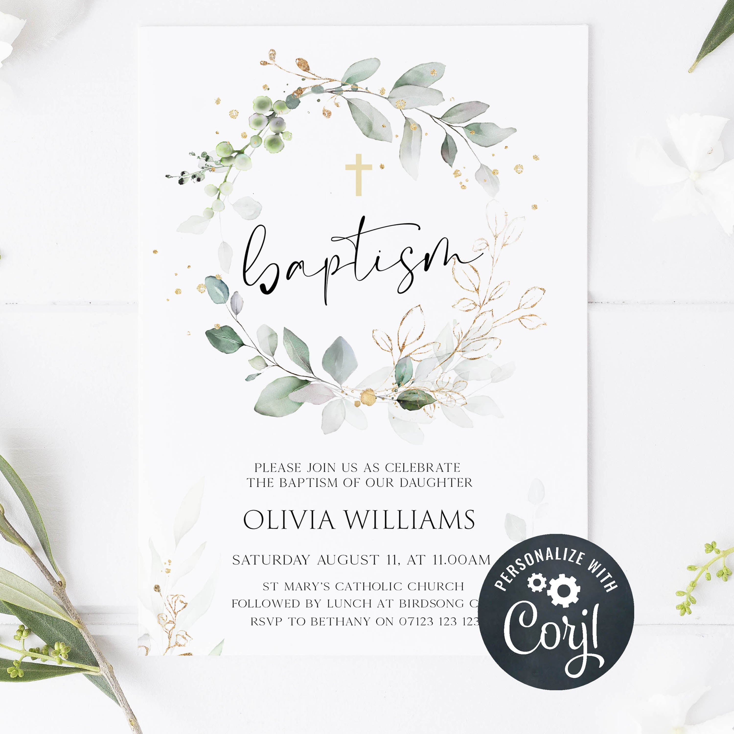 Flora wreath baptism invite, editable baptism invitation, baptism, printable baptism invitation