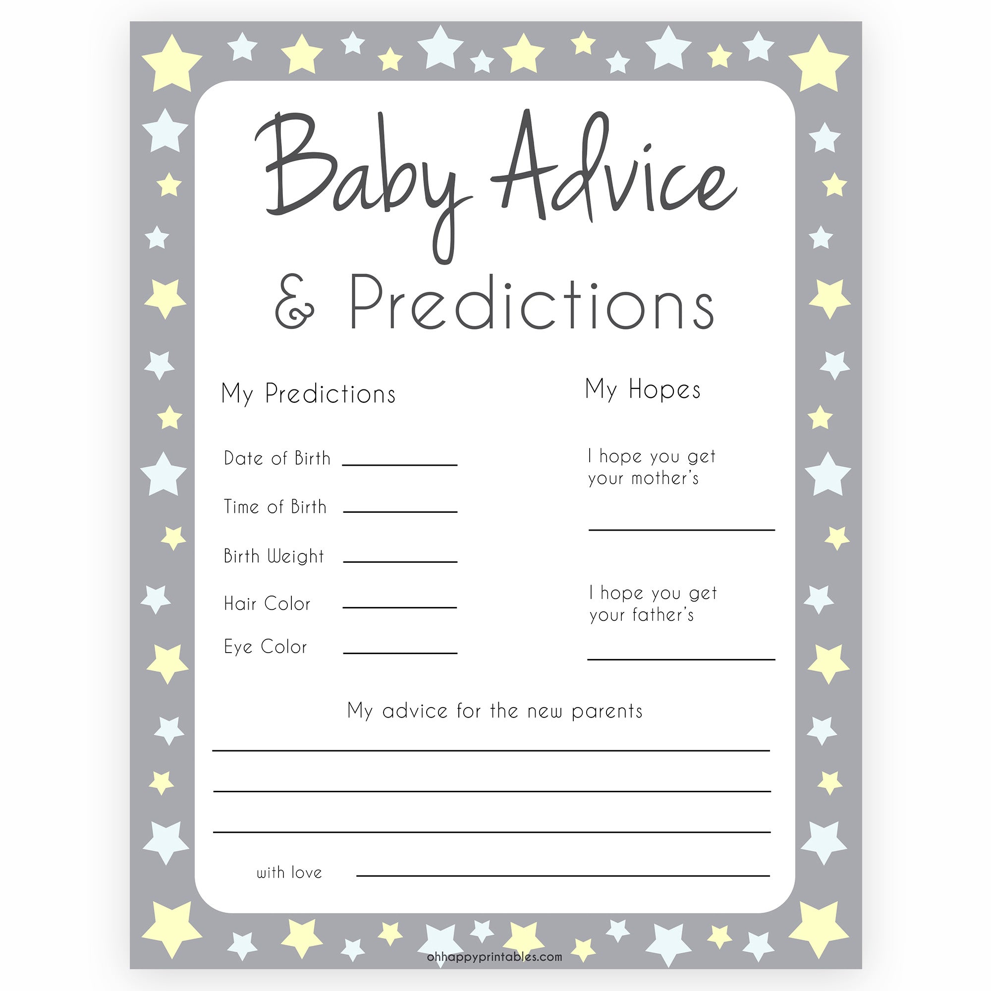 Grey Yellow Stars Baby Advice & Predictions, Printable Baby Shower Games, Baby Advice Game, Stars Baby Predictions Games, Baby Shower, printable baby shower games, fun baby shower games, popular baby shower games