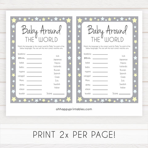 Grey Yellow Stars Baby Around The World Game, Grey Baby in Different Languages, Printable Baby Shower Games, Yellow Stars Baby Game, printable baby shower games, fun baby shower games, popular baby shower games