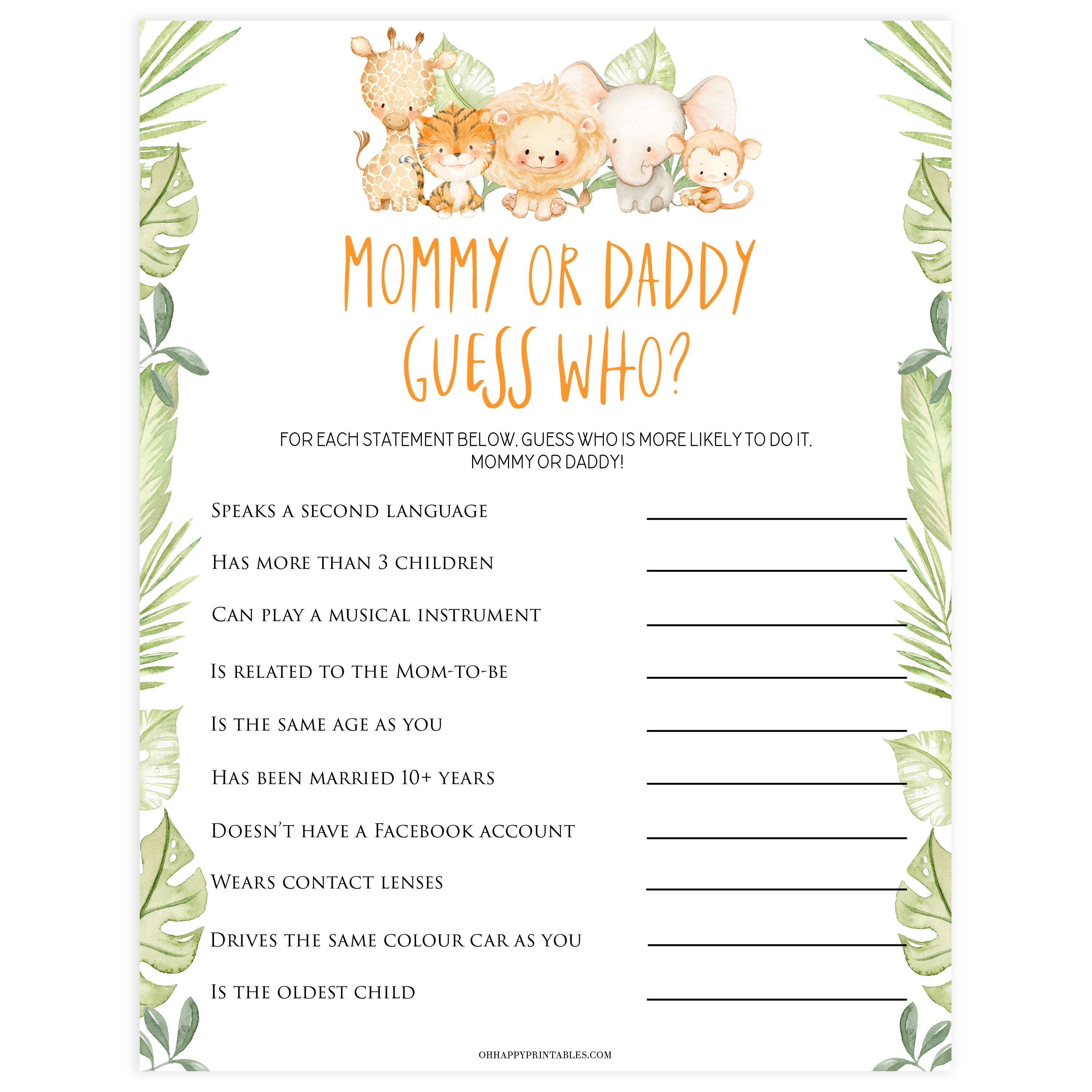 Guess Who's Most Like to Say Safari Animals Baby Shower Games