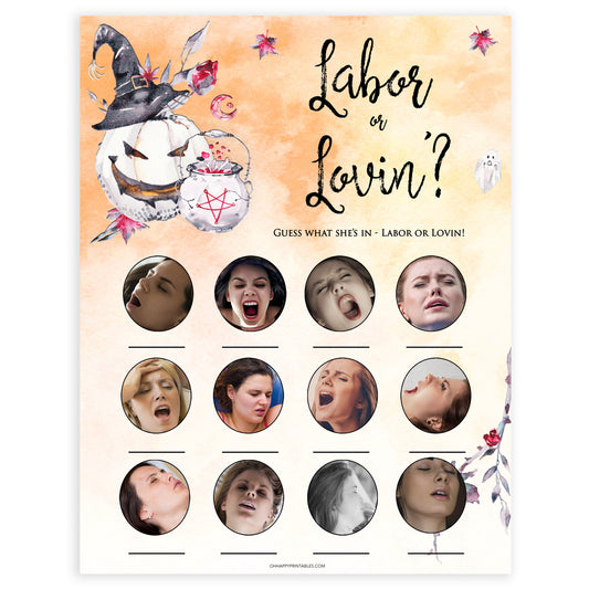 Halloween pumpkin baby labor or lovin, labor or porn baby games, printable baby games, best baby games, top baby games halloween baby shower, halloween baby ideas, best baby games