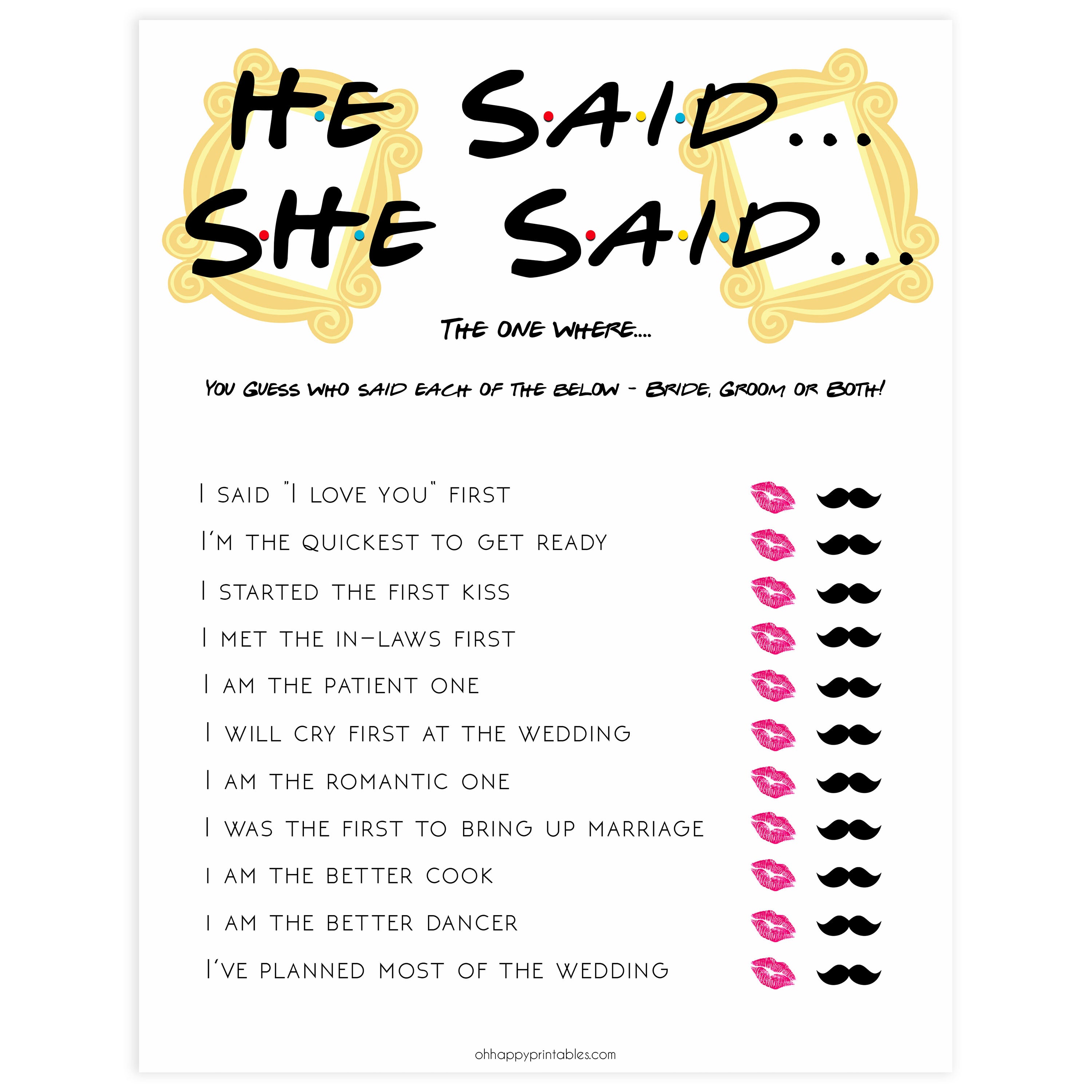 He Said She Said Bridal Game Friends Printable Bridal Shower🦑 a