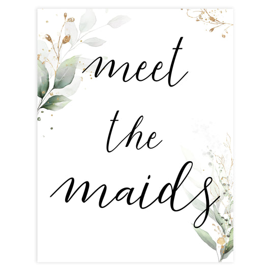 meet the maids sign, Printable bridal shower signs, greenery bridal shower decor, gold leaf bridal shower decor ideas, fun bridal shower decor, bridal shower game ideas, greenery bridal shower ideas