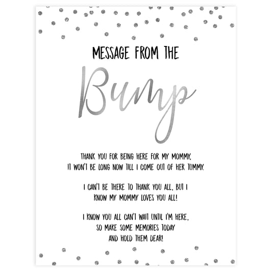 message from the bump game, Printable baby shower games, baby silver glitter fun baby games, baby shower games, fun baby shower ideas, top baby shower ideas, silver glitter shower baby shower, friends baby shower ideas