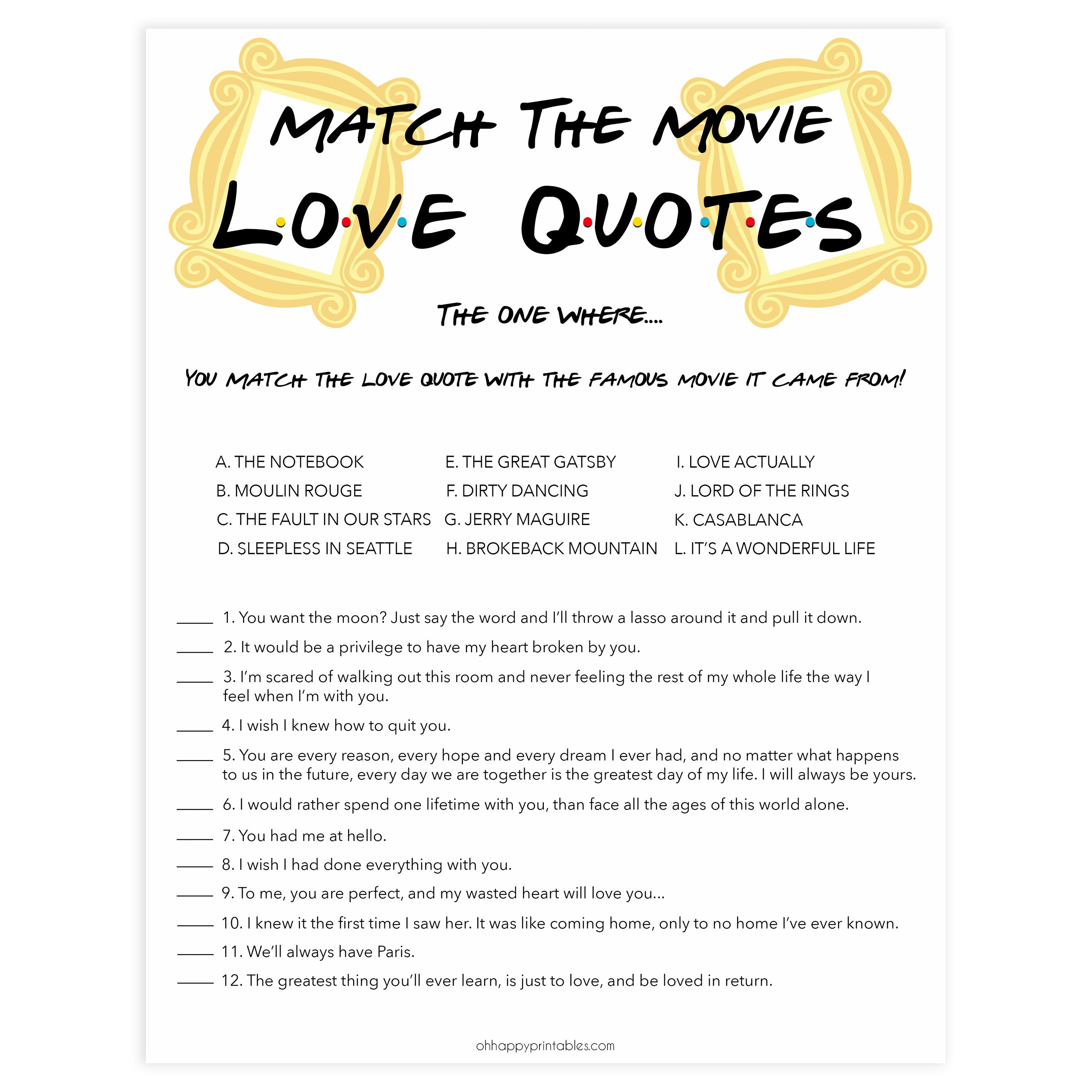 Movie Love Quotes Game - Printable Friends Bridal Shower Games – OhHappyPrintables
