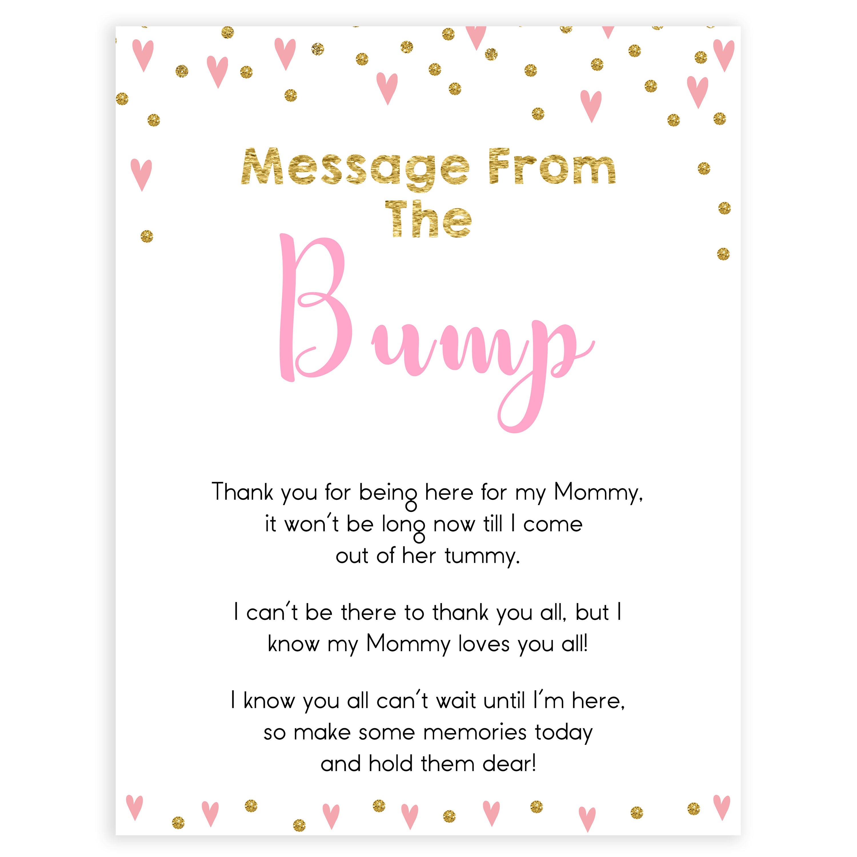 A Message From The Bump Small Pink HeartsPrintable Baby Shower Games OhHappyPrintables a-message-from-the-bump-small-pink-heartsprintable-baby-shower-games-ohhappyprintables