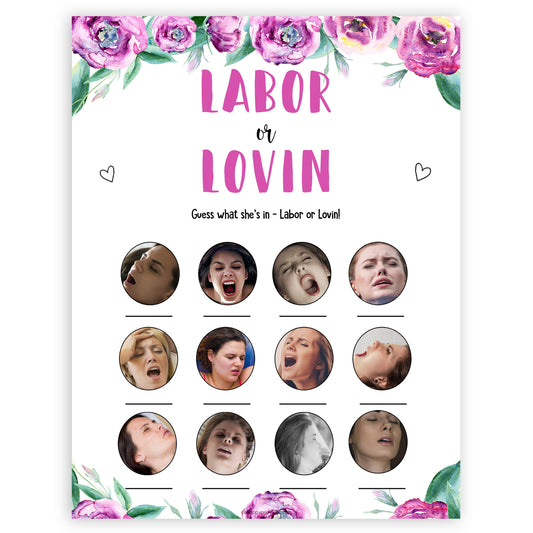 Purple peonies labor or lovin baby shower games, printable baby shower games, fun baby shower games, baby shower games, popular baby shower games, floral baby shower games, purple baby shower themes