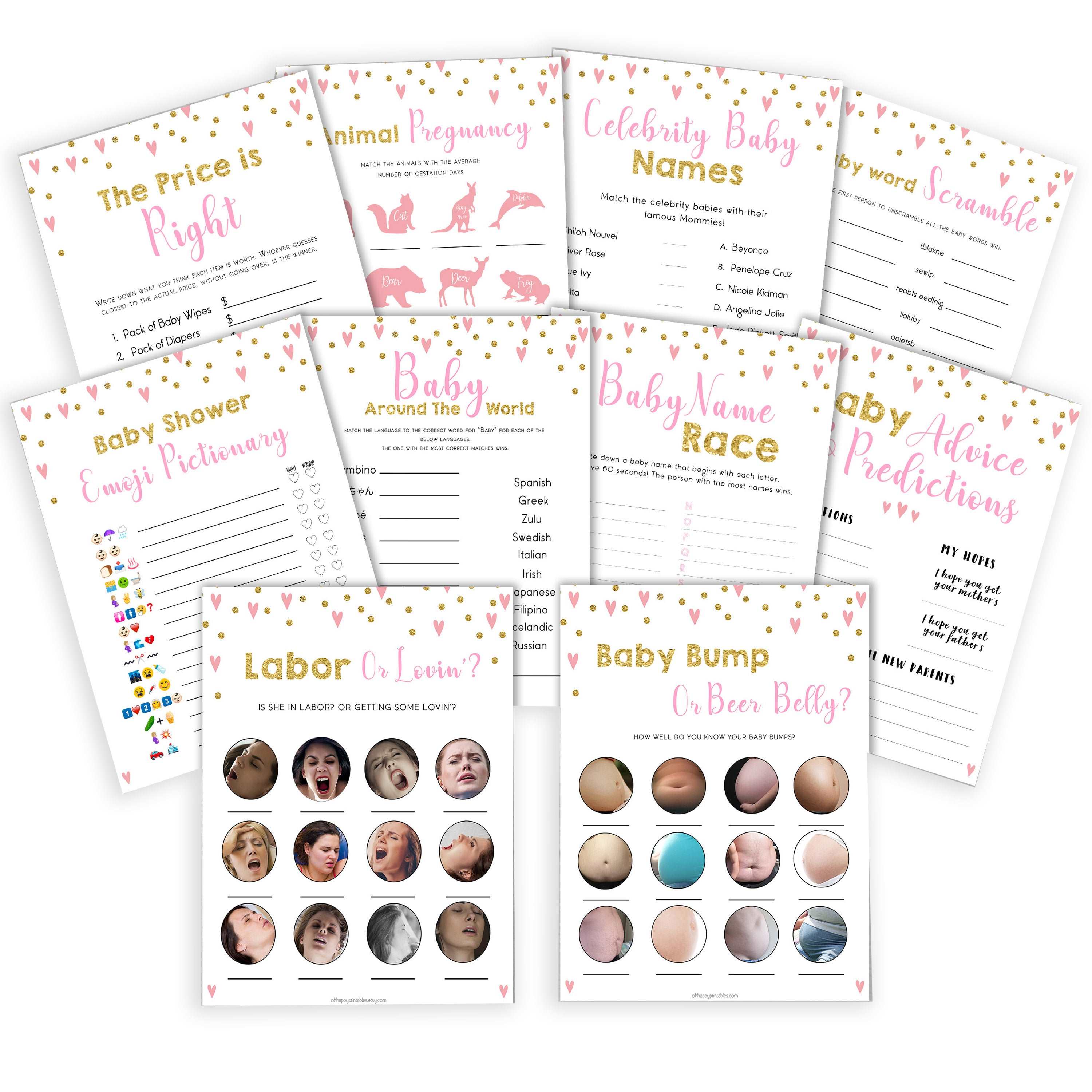 Pink Hearts MEGA Baby Shower Games 10 Pack Bundle | OhHappyPrintables