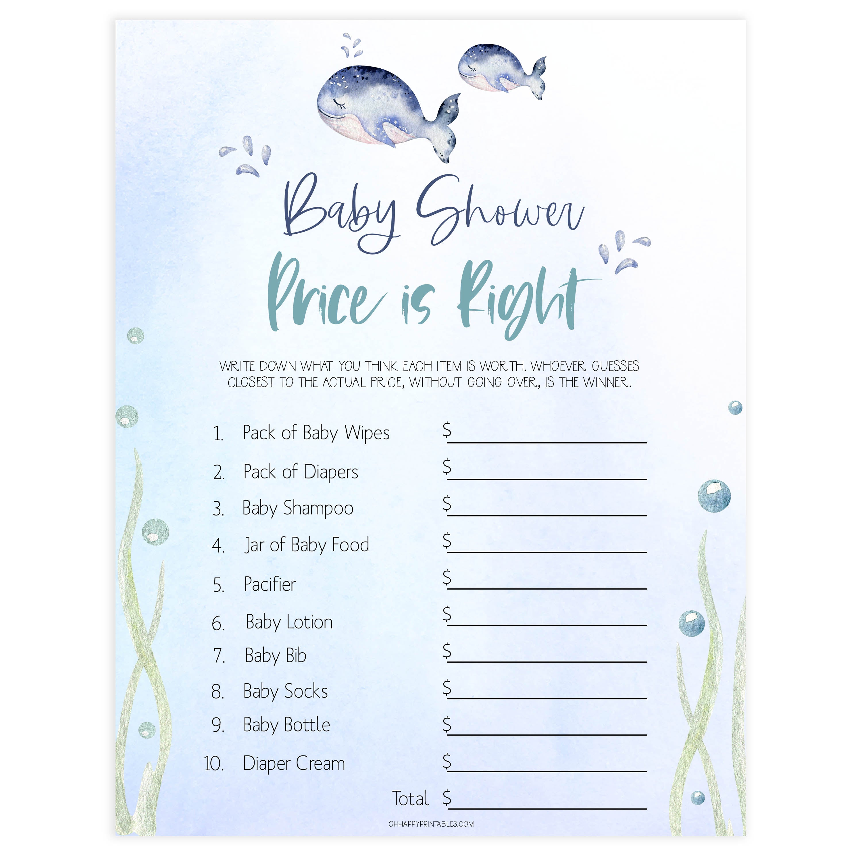 The Price is Right Game - Whale Printable Baby Shower Games –  OhHappyPrintables