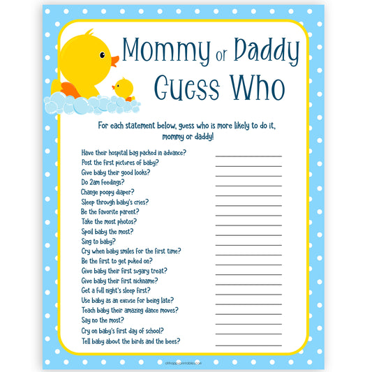 rubber ducky baby games, mommy daddy guess who game, baby game, printable baby games, baby shower games, rubber ducky baby theme, fun baby games, popular baby games