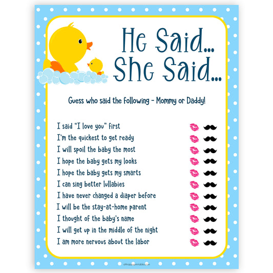 rubber ducky baby games, he said she said baby game, printable baby games, baby shower games, rubber ducky baby theme, fun baby games, popular baby games