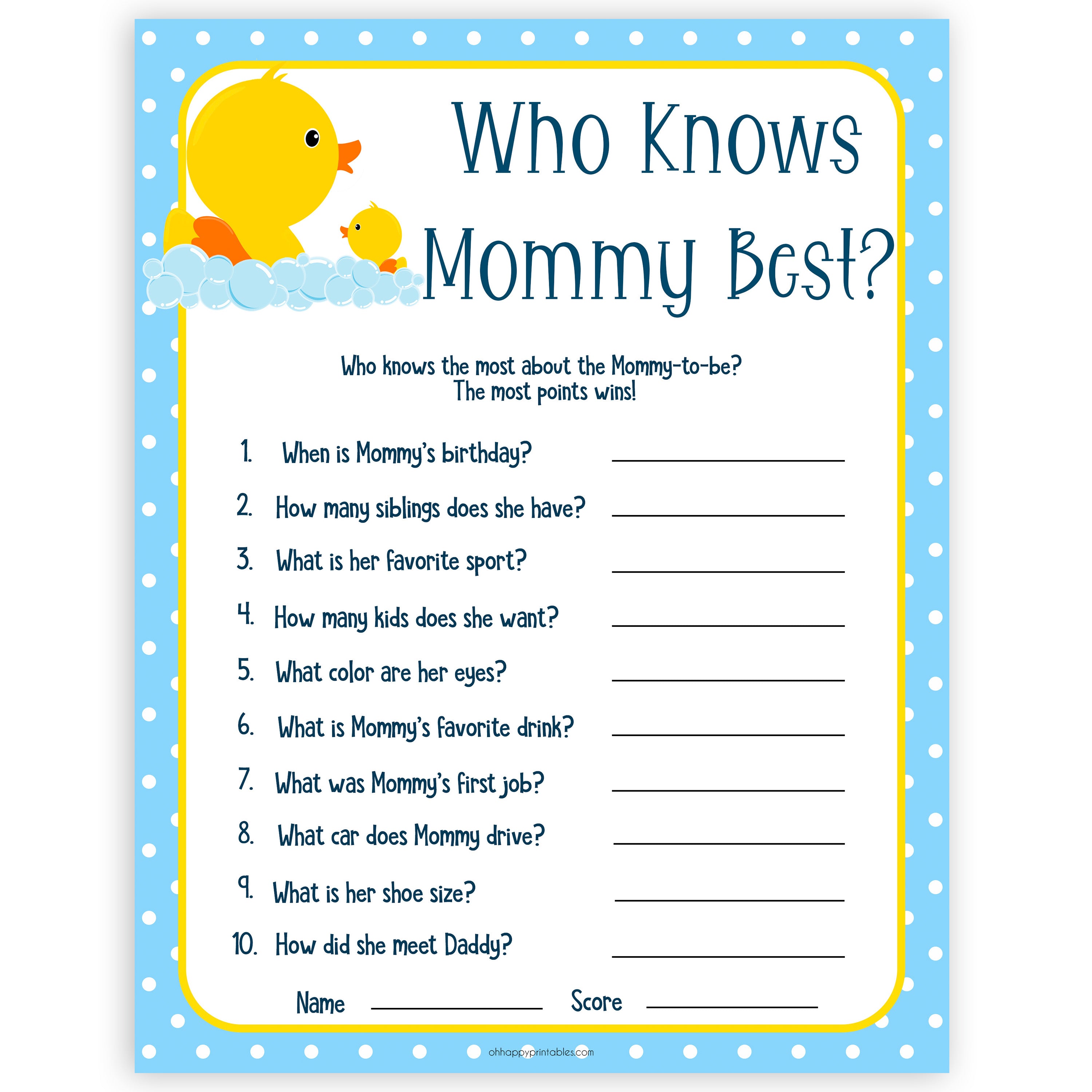 Who Knows Mommy Best Game - Rubber Ducky Printable Baby Shower