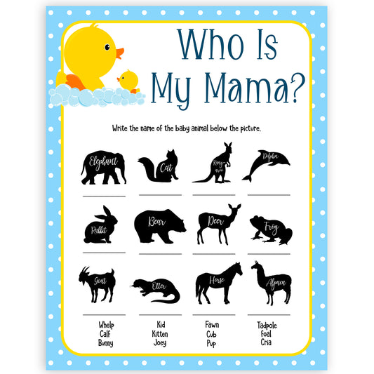 rubber ducky baby games, who is my mama baby game, printable baby games, baby shower games, rubber ducky baby theme, fun baby games, popular baby games