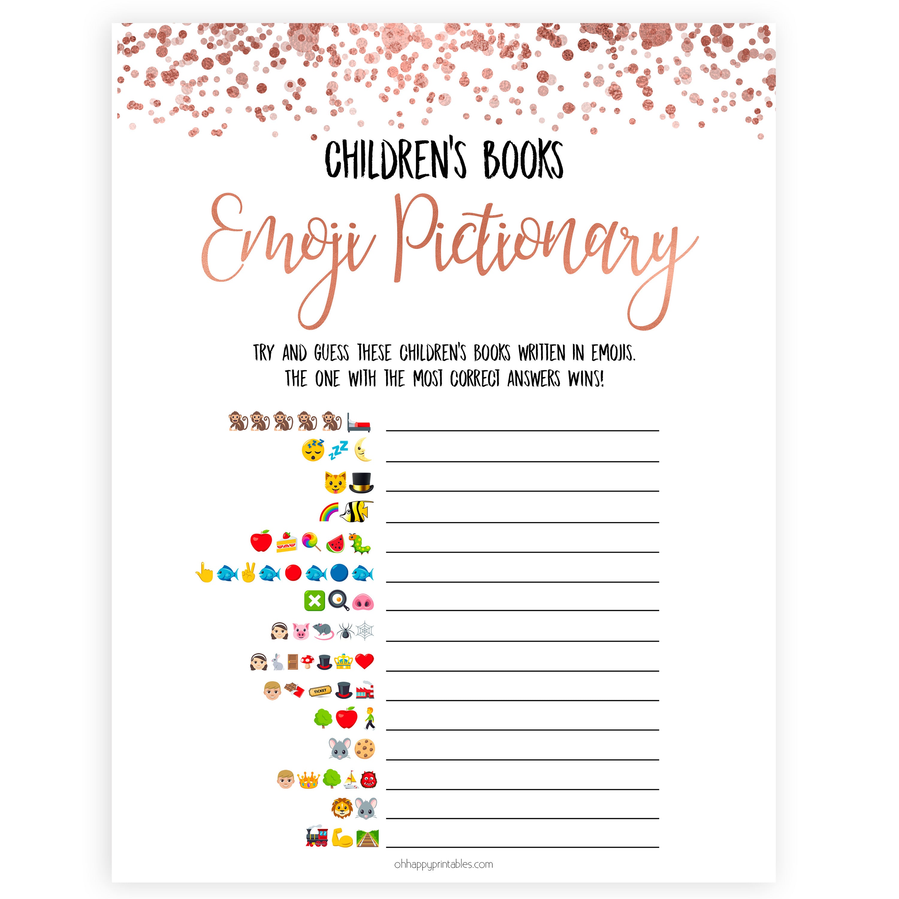 Childrens Books Emoji Pictionary Rose Gold Printable Baby Shower Games OhHappyPrintables